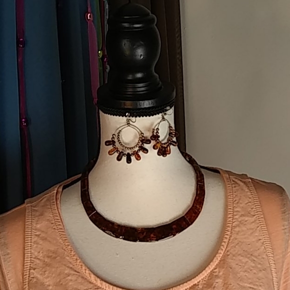 Amber Necklace/Earrings, Brown, Magnetic Closure - Picture 2 of 5